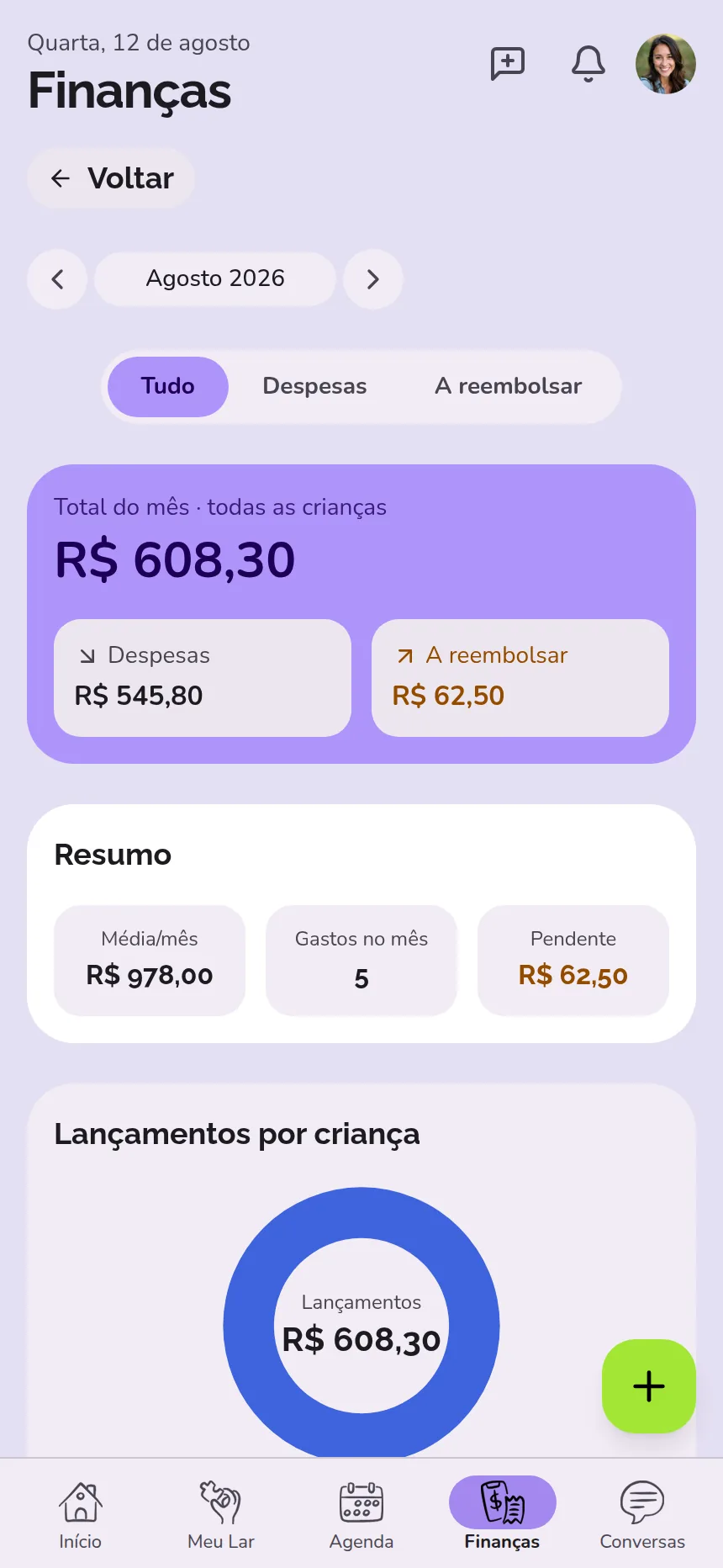 Tela Finanças do Compartilar no celular, com total do mês e divisão por pagador