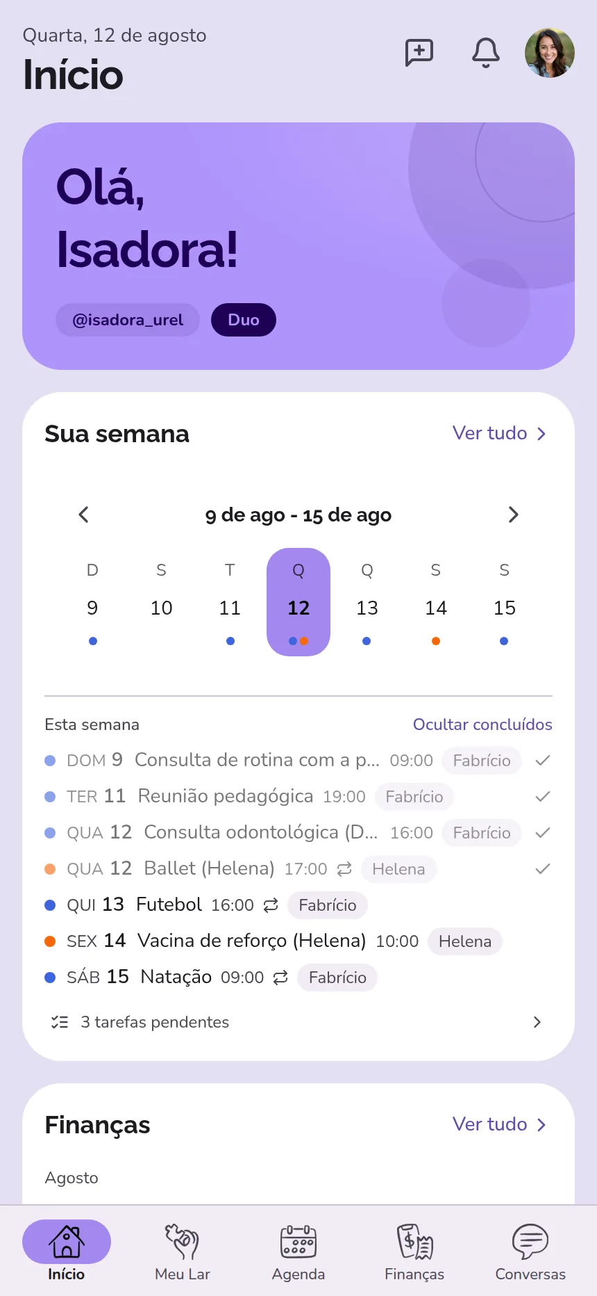 Tela Início do Compartilar no celular, com a agenda da semana