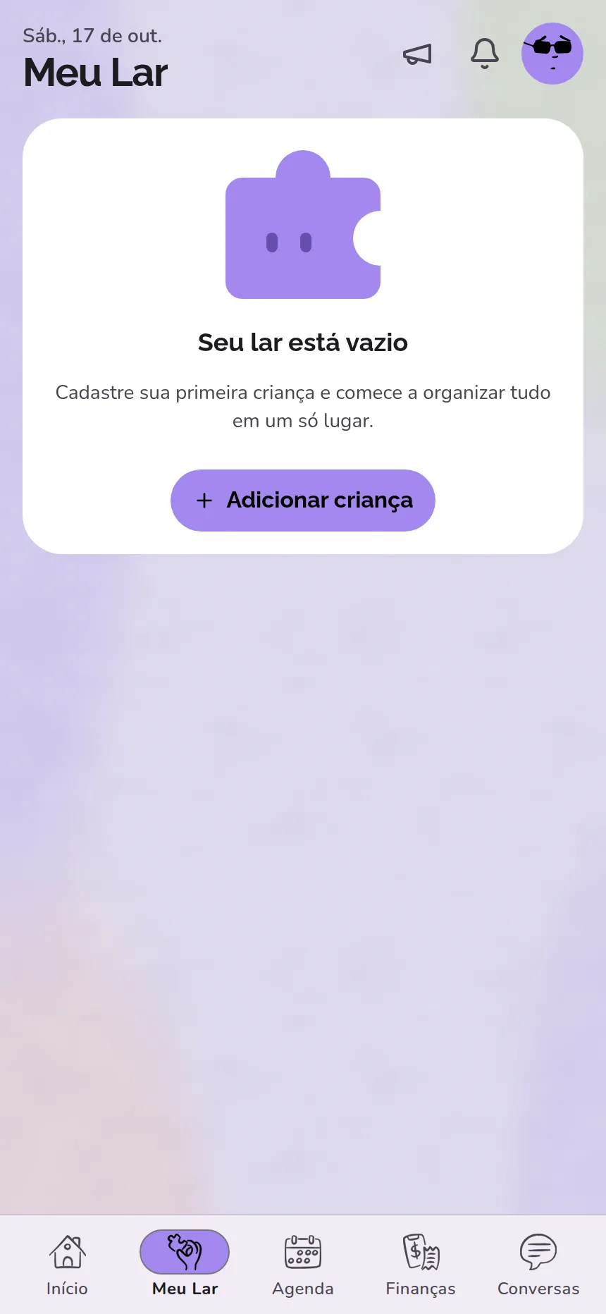 Tela Meu Lar do Compartilar no celular, ainda vazia, com o mascote Bump e o botão Adicionar criança