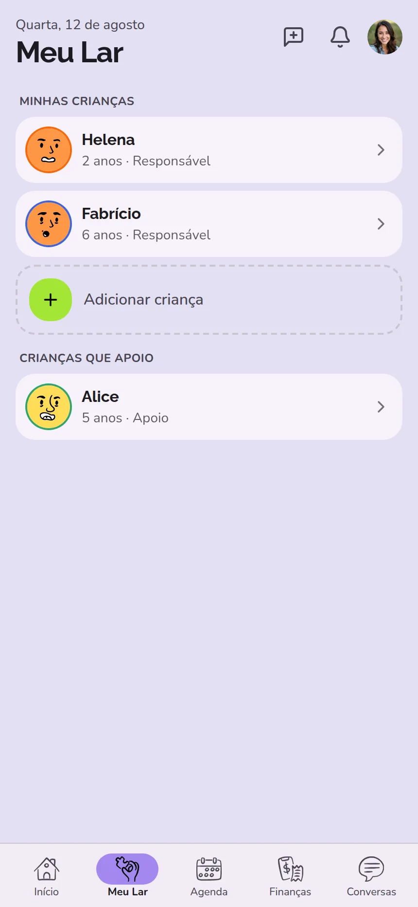 Meu Lar no Compartilar, com a lista de crianças