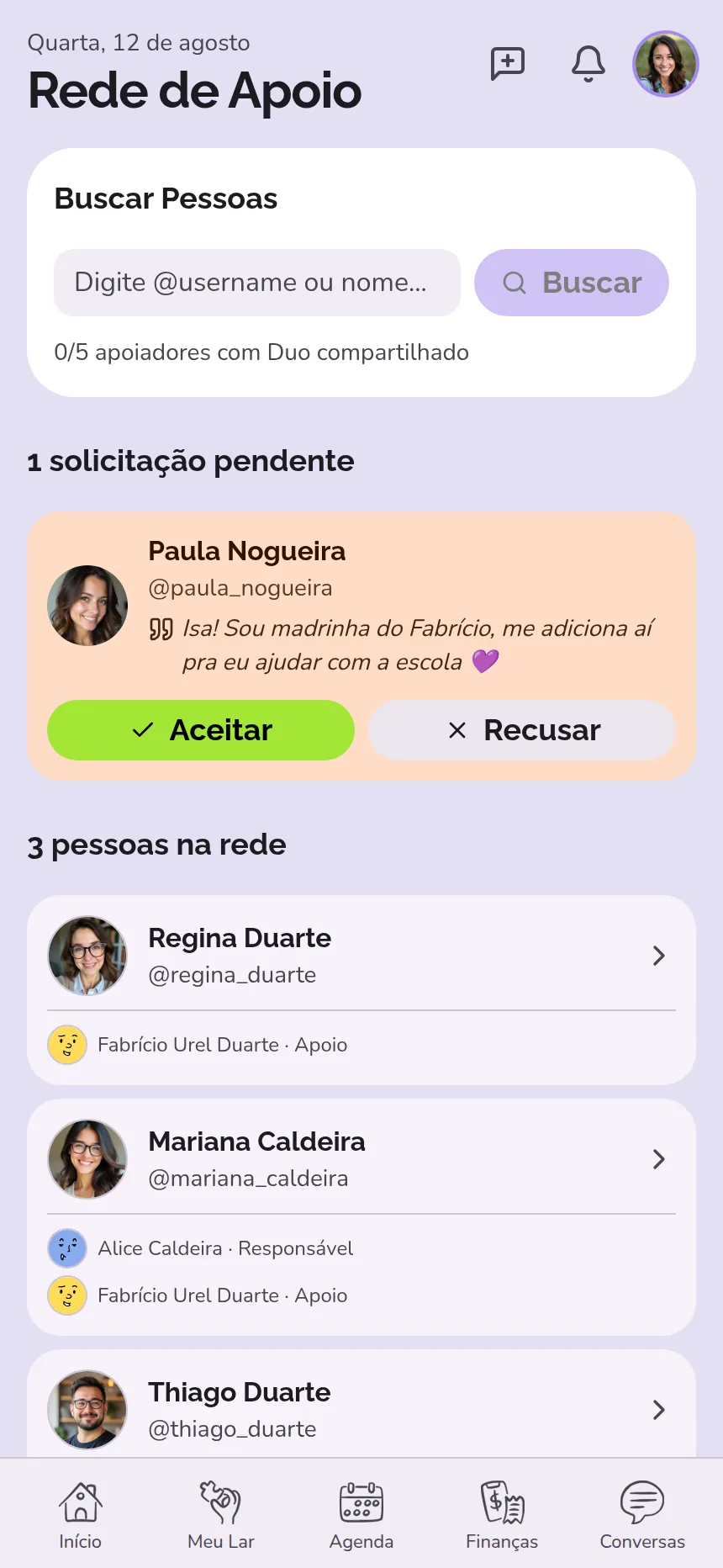 Rede de apoio no Compartilar, com pedidos e papéis por criança